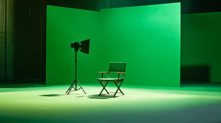 This image showcases a studio environment featuring a vibrant green screen backdrop, a director's chair, and a professional lighting setup, ideal for various media projects.の素材