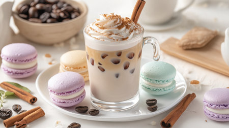 A delightful spread featuring a refreshing iced coffee topped with whipped cream and a sprinkle of cinnamon, accompanied by colorful macarons, perfect for a cozy cafの素材