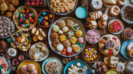 A vibrant assortment of baked goods and sweets arranged on a table, showcasing a variety of desserts perfect for any festive gathering or celebration.の素材
