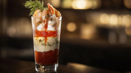 This exquisite seafood cocktail features a refreshing blend of shrimp and creamy layers, beautifully garnished with dill, ideal for elegant dining or celebratory occasions.の素材