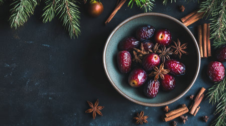 An inviting display of fresh seasonal fruits arranged with cinnamon and star anise, surrounded by greenery, evokes a cozy holiday feeling perfect for festive culinary inspiration.の素材