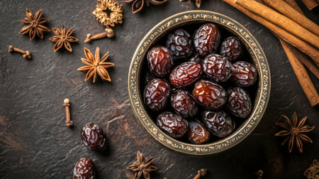 An exquisite display of fresh dates in a decorative bowl, enhanced by aromatic spices, perfect for culinary inspiration and healthy snacking.の素材