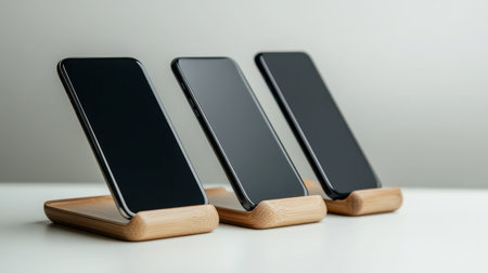 Three sleek smartphone stands hold modern mobile devices on a minimalist table. Ideal for showcasing technology in contemporary interior designs and workspaces.の素材