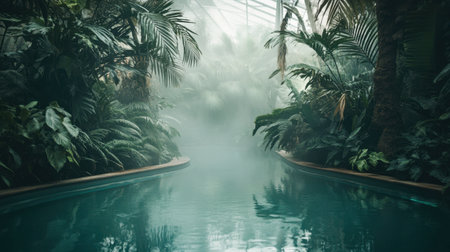 Experience a serene indoor tropical oasis featuring lush greenery, misty ambiance, and a calm waterway that invites relaxation and a deep connection with nature.の素材