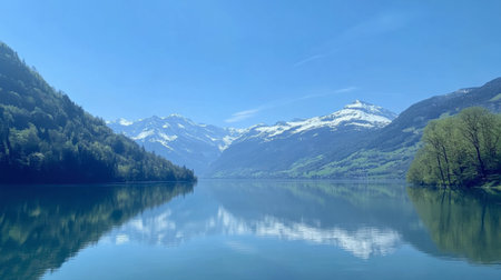 A tranquil mountain lake features stunning reflections of surrounding peaks and lush greenery under a bright blue sky, capturing the essence of nature's beauty.の素材