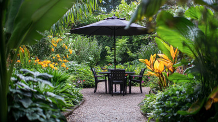 A serene garden setting featuring a dining table with chairs, surrounded by vibrant foliage and bright orange flowers, ideal for relaxation and outdoor gatherings.の素材