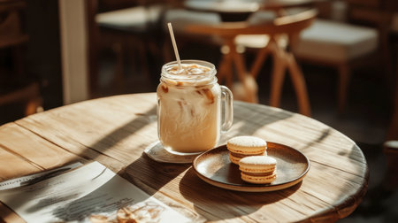 A beautiful scene featuring a glass jar filled with iced coffee alongside delicate macarons on a rustic wooden table, illuminated by soft natural light in a cozy cafe atmosphere.の素材