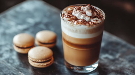 Enjoy a beautifully crafted coffee drink, topped with whipped cream and chocolate, accompanied by sweet macarons, perfect for a cozy cafの素材