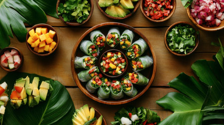 A vibrant display of salad rolls filled with fresh ingredients, surrounded by an assortment of fruits and vegetables arranged on a wooden table, perfect for healthy eating.の素材