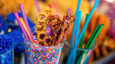 A vibrant display of colorful pretzels and sprinkles in clear glasses with straws, perfect for festive celebrations. Ideal for events, parties, and sweet treats.の素材