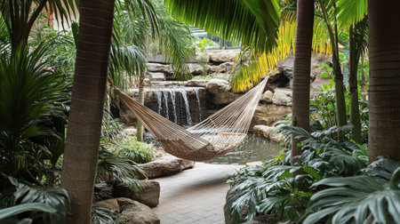 A serene tropical setting featuring a cozy hammock nestled among lush plants and a gentle waterfall, perfect for relaxation and peaceful moments in nature.の素材
