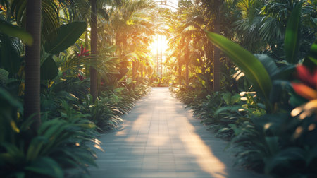 A tranquil pathway winds through a vibrant tropical garden, illuminated by soft sunlight, inviting exploration while surrounded by lush greenery and colorful plant life.の素材