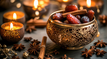 Discover a cozy arrangement featuring an elegant brass bowl filled with dates and cinnamon sticks, surrounded by soft candlelight and aromatic spices, perfect for evoking warmth.の素材