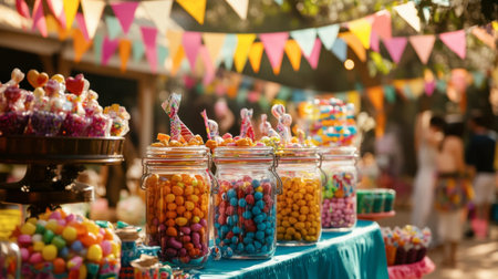 A captivating display of colorful jars filled with various candies and sweets, set up at a lively outdoor celebration, radiating joy and festivity.の素材