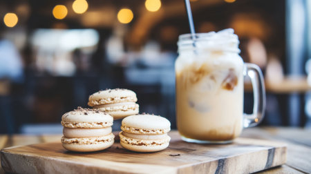 A delightful arrangement of macarons sits on a rustic wooden board alongside a refreshing iced coffee, perfect for an afternoon treat in a cozy cafe ambiance.の素材