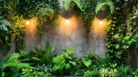 A vibrant indoor garden setting featuring lush green plants, soft ambient lighting, and a concrete wall, creating a peaceful and inviting atmosphere perfect for relaxation.の素材