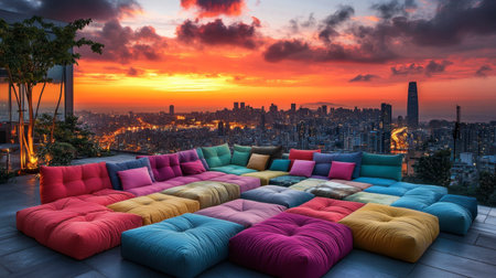 A colorful collection of cushions creates an inviting outdoor lounge, perfectly positioned to enjoy a breathtaking sunset over a vibrant city skyline, inspiring relaxation and enjoyment.の素材