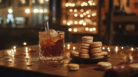 A charming scene featuring a refreshing cocktail with ice and a plate of colorful macarons, set against a backdrop of soft, warm lights, perfect for cozy gatherings.の素材
