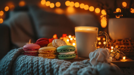 A delightful arrangement of colorful macarons beside a warm glass of milk, set against soft blankets and twinkling fairy lights, perfect for a cozy evening.の素材