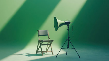 A minimalist studio featuring a vintage megaphone next to a wooden chair against a vibrant green backdrop. Ideal for conveying creative and artistic themes.の素材