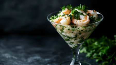 A vibrant shrimp cocktail presented in a stylish glass, topped with fresh herbs, ideal for food lovers and culinary enthusiasts looking for elegant seafood inspirations.の素材