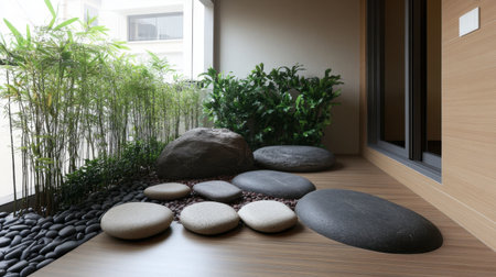 A serene Japanese zen garden featuring smooth stones and lush greenery, perfectly blending modern design with natural elements in a tranquil outdoor space.の素材