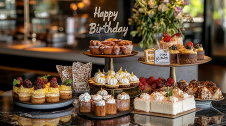 This beautiful birthday dessert display showcases a variety of cakes, cupcakes, and tarts, each artfully crafted and decorated, perfect for any celebration or special occasion.の素材