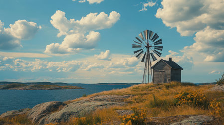 A picturesque scene featuring a rustic cabin beside a calm body of water, with a vintage windmill under a vibrant sky filled with fluffy clouds, evoking tranquility and natural beauty.の素材