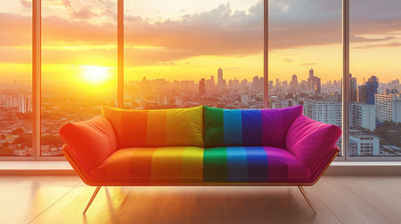 A stylish rainbow couch enhances a modern living space while offering breathtaking views of a vibrant city skyline during a picturesque sunset.の素材