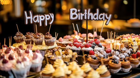 A vibrant assortment of delectable birthday treats, including cupcakes and pastries, with festive decorations to enhance celebrations and create delightful memories.の素材