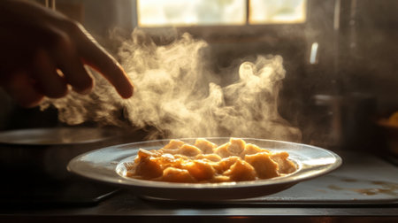 A steaming plate of freshly made dumplings lies in a warm kitchen, with a delicate hand reaching out to serve this comforting meal, evoking warmth and culinary delight.の素材