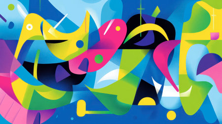 Explore a vibrant abstract artwork showcasing bold colors and dynamic shapes. This piece combines curves and lines to create an engaging visual experience against a blue backdrop.の素材
