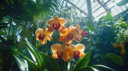 Vibrant orchids thrive in a lush greenhouse, bathed in bright sunlight. This serene setting showcases the natural beauty and diverse colors of tropical plants, offering a tranquil experience.の素材