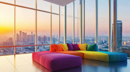 A stunning modern living room featuring a colorful sofa and expansive windows, offering a breathtaking sunset view over the city skyline, perfect for relaxation and inspiration.の素材