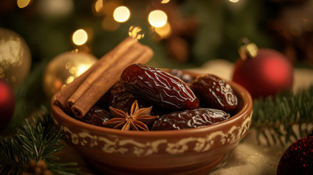 A beautifully arranged bowl of dried dates, enhanced with cinnamon sticks and star anise, surrounded by twinkling lights and festive ornaments, creating a warm holiday atmosphere.の素材