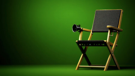 A stylish director's chair set against a vibrant green background, ideal for showcasing themes related to filmmaking, cinema, and artistic production activities.の素材