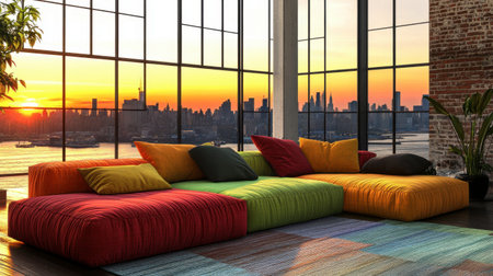 A vibrant modern living room features a colorful couch with a stunning sunset city skyline view, creating a cozy atmosphere perfect for relaxation and aesthetic enjoyment.の素材