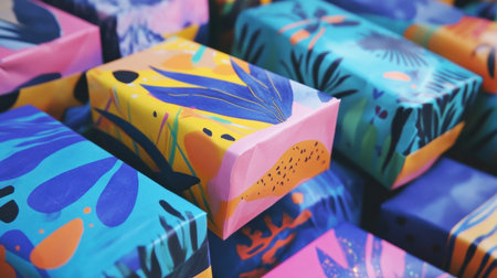 A vibrant collection of beautifully wrapped gifts featuring artistic designs and colorful patterns, perfect for enhancing special moments and celebrations throughout the year.の素材