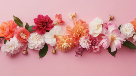 A beautiful collection of fresh flowers in a range of vibrant colors on a soft pink background, perfect for spring-themed projects, events, or decorative inspirations.の素材