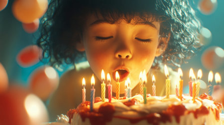 A joyful child blows out candles on a birthday cake, surrounded by festive decorations, capturing the essence of celebration, happiness, and childhood memories in a vibrant atmosphere.の素材