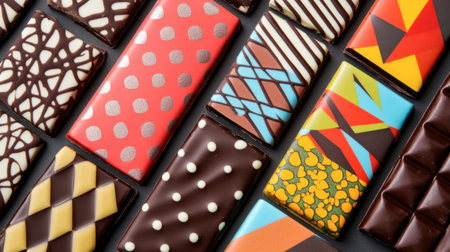 Discover a vibrant assortment of artisan chocolate bars displayed on a sleek black surface, showcasing unique patterns and colorful designs that elevate any sweet treat experience.の素材