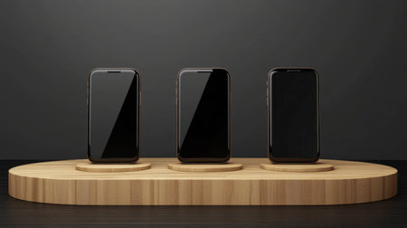 A stylish arrangement of three smartphones on a minimalist wooden stand, perfect for showcasing technology in marketing materials and product presentations.の素材