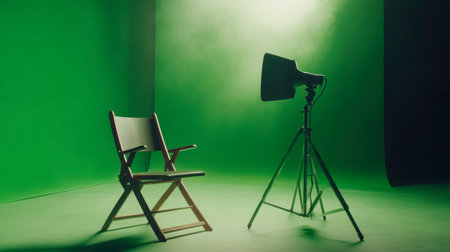 A minimalist scene featuring an empty director chair next to a spotlight on tripod in a vibrant green studio, ideal for film and photography projects.の素材