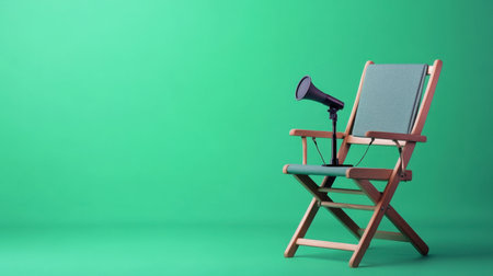A vintage director chair paired with a classic megaphone on a striking green background, perfect for creative visual projects in filmmaking, photography, or artistic design.の素材