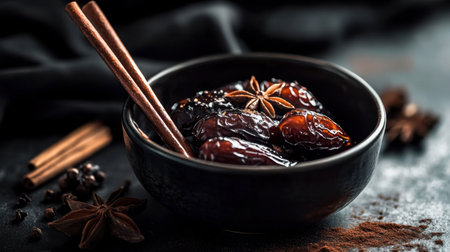 Discover a beautiful arrangement of fresh dates accompanied by cinnamon sticks and star anise in a black bowl, creating an elegant and inviting visual perfect for food photography.の素材