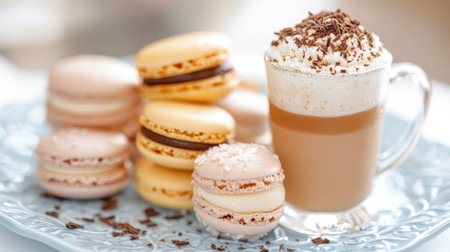 An exquisite arrangement featuring colorful macarons alongside a creamy coffee topped with whipped cream, perfect for dessert lovers and special occasions.の素材