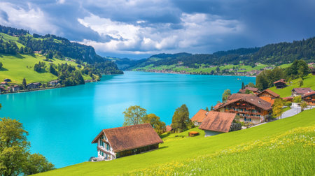 Experience a stunning view of a turquoise lake surrounded by lush hills and charming chalets, set against a dramatic sky in a peaceful alpine region of Switzerland.の素材