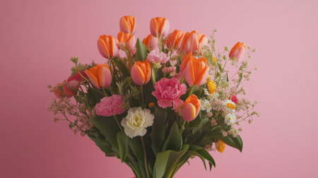 A stunning bouquet featuring vibrant pink and orange tulips, delicate pink carnations, and white blossoms set against a soft pink backdrop, perfect for spring celebrations.の素材