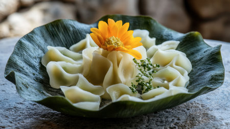 Beautifully arranged dumplings on a green leaf plate, accented with a yellow flower and fresh herb, creating an inviting outdoor dining aesthetic.の素材