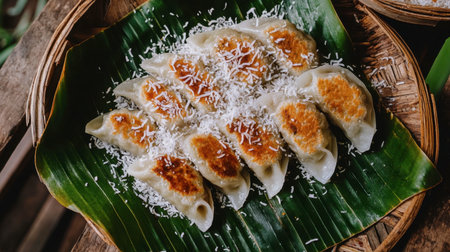 Enjoy a close-up view of savory dumplings garnished with fresh coconut, presented on a vibrant banana leaf, showcasing a rich cultural culinary experience.の素材